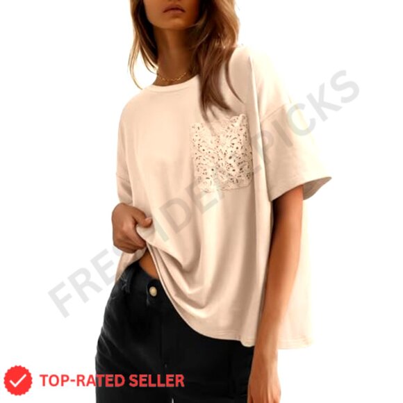Oversized Lace Pocket T-Shirt Boho Chic Summer Top Soft Stretchy Material - Picture 3 of 4
